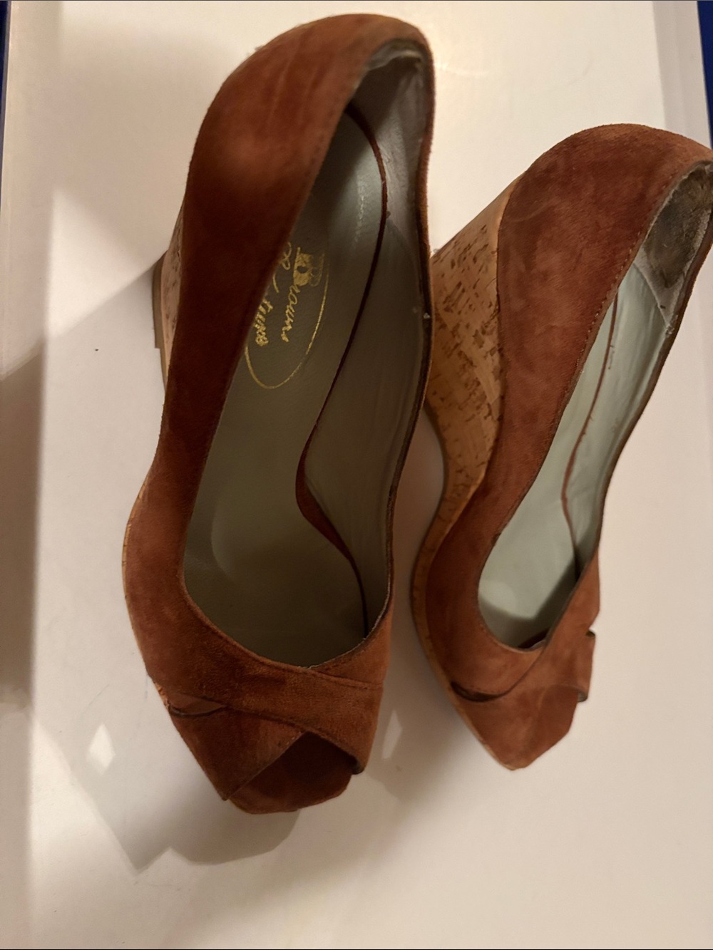 Brown’s Suede Peep-Toe Cork Wedge Heels in Brown